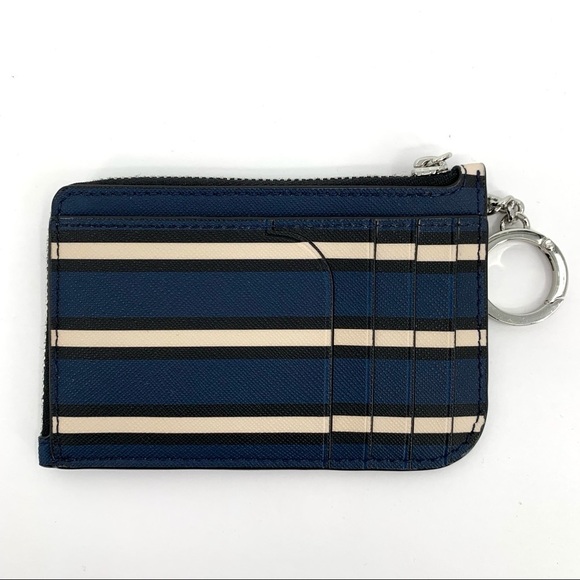 Kate Spade Cameron medium L-zip York stripe card holder keyring blue black new - Picture 6 of 6